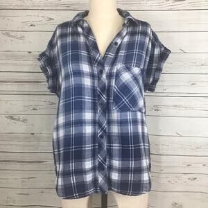 Cloth & Stone Women's Ombre Plaid Short Sleeve Button Front Top Blue White Sz S